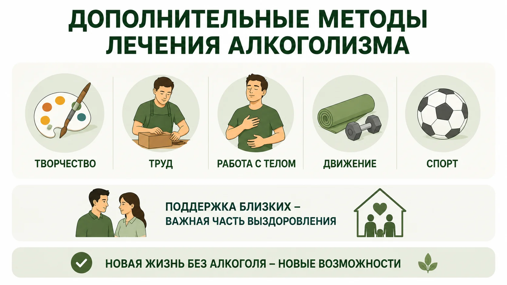 Инфографика с дополнительными методами лечения алкоголизма: арт-терапия, физическая активность, новые увлечения и поддержка семьи.