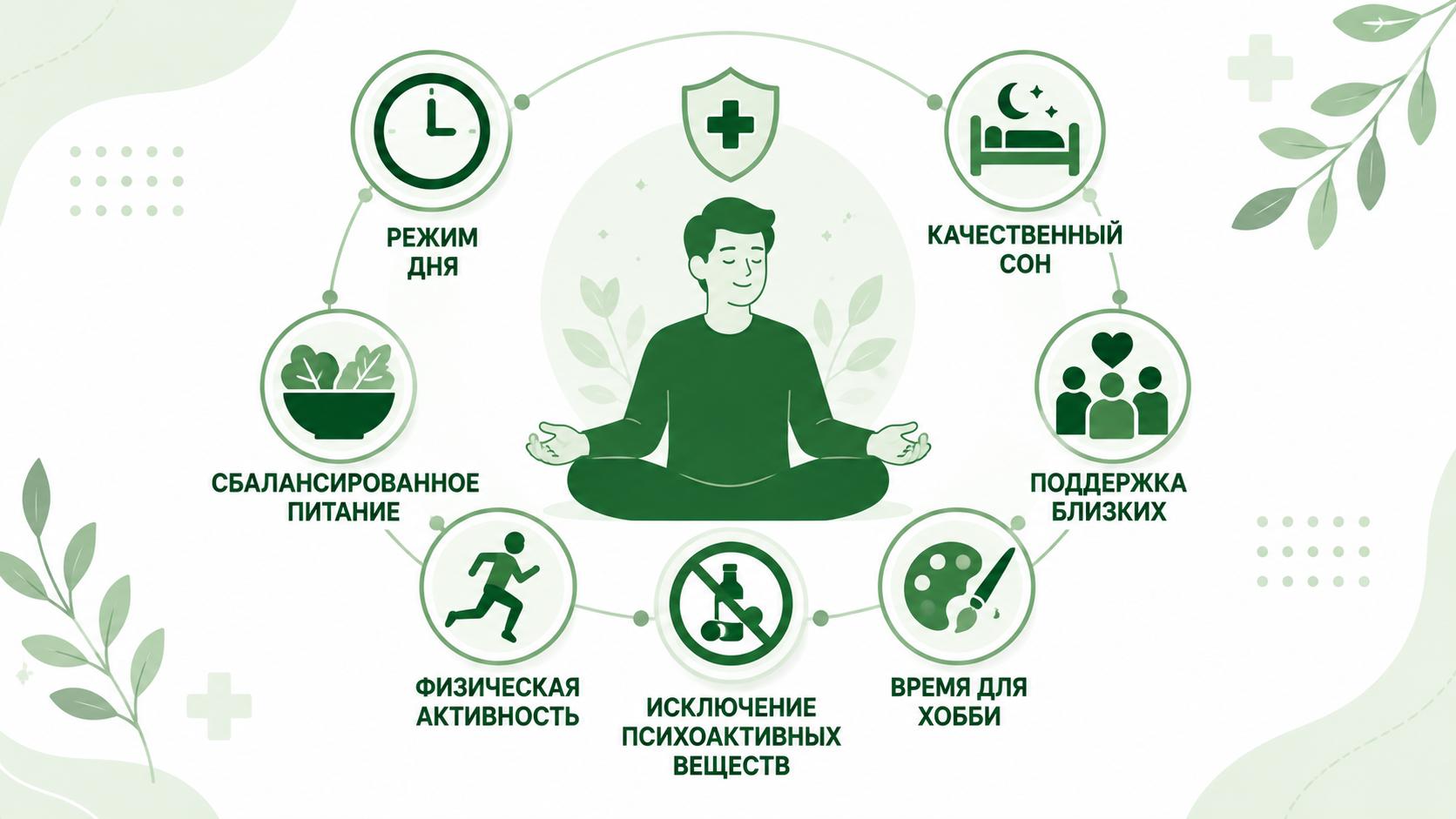 Схематичная инфографика с рекомендациями по коррекции образа жизни при тревожно-депрессивном расстройстве: режим дня, качественный сон, сбалансированное питание, физическая активность, отказ от психоактивных веществ, время для хобби и поддержка близких.