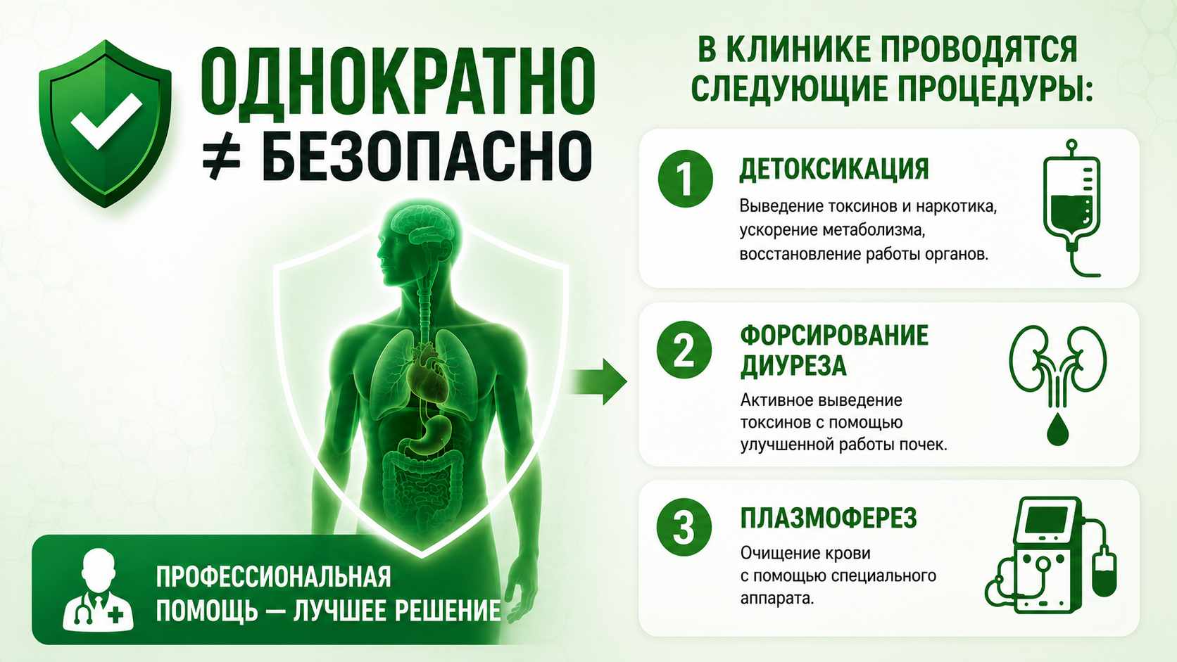 Инфографика о том, что однократное употребление наркотиков не является безопасным. Представлены основные процедуры в клинике: детоксикация, форсированный диурез и плазмаферез для выведения токсинов и очищения организма.